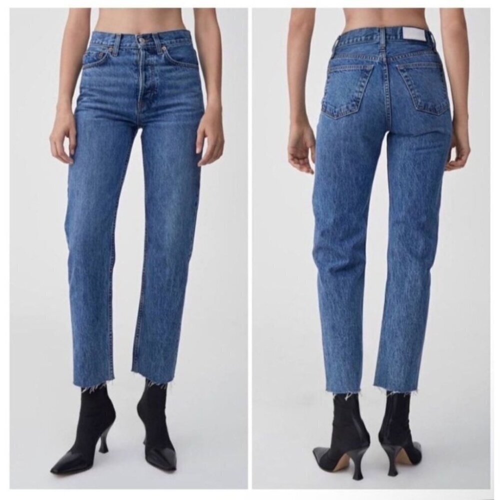 Re/Done High-Rise Straight Leg Blue  Jeans Size 31 Raw Hem Cotton Denim Womens